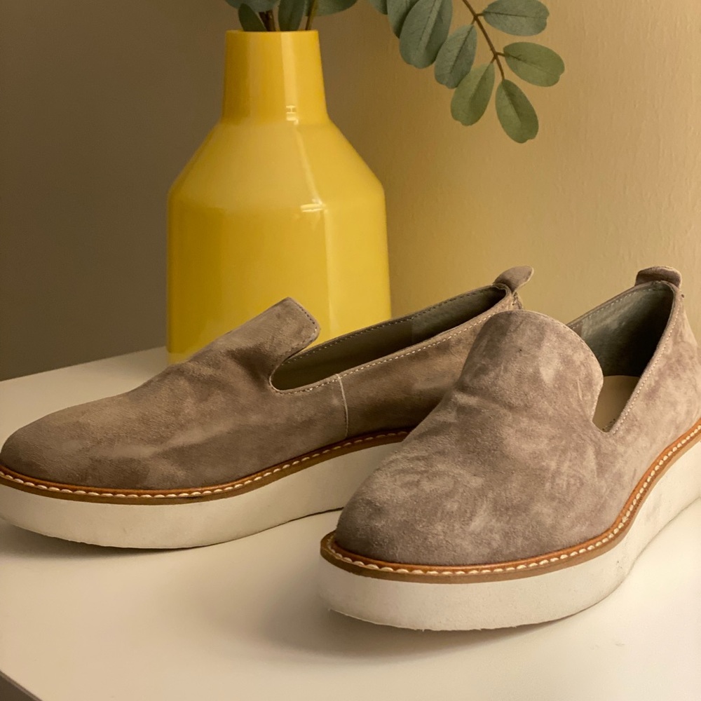 Grey suede platform slip-on loafers